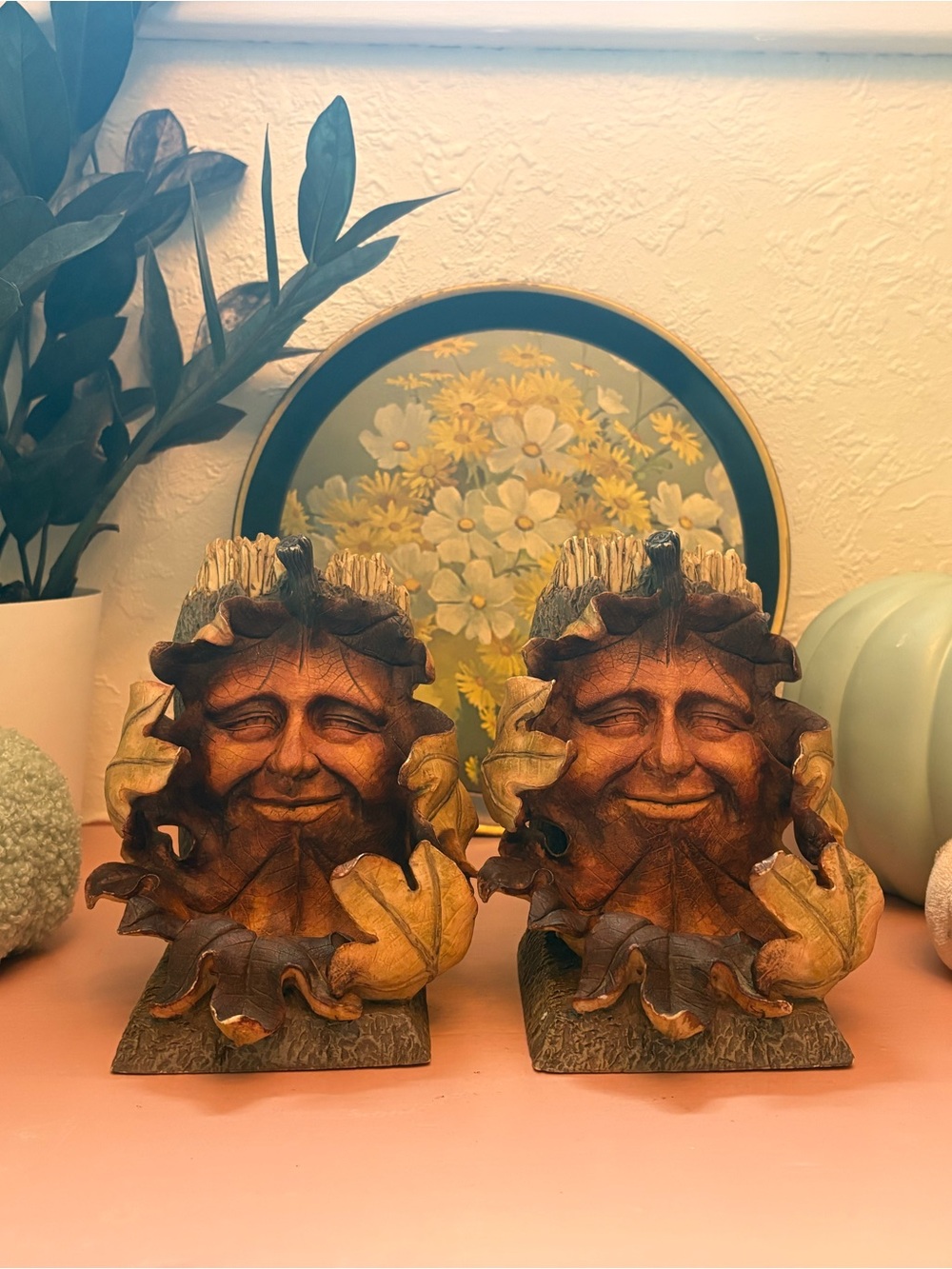 1970s Handcrafted Brown Green Woodland Face Bookends - Rustic Home Accents